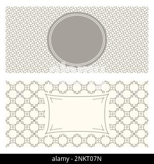 Zwei Bannervorlagen, gemusterter abstrakter geometrischer Hintergrund und gerahmte Beschriftung. Zweifarbiges Verpackungsdesign, Vektordarstellung. Schwarzweiß-Spalier t Stock Vektor