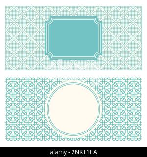 Zwei Bannervorlagen, gemusterter abstrakter geometrischer Hintergrund und gerahmte Beschriftung. Zweifarbiges Verpackungsdesign, Vektordarstellung. Schwarzweiß-Spalier t Stock Vektor