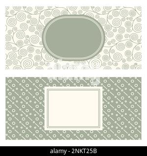 Zwei Bannervorlagen, gemusterter abstrakter geometrischer Hintergrund und gerahmte Beschriftung. Zweifarbiges Verpackungsdesign, Vektordarstellung. Schwarzweiß-Spalier t Stock Vektor