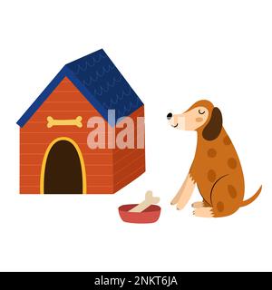 Süßer Hund und eine Hundehütte im Cartoon-Stil. Lustiges Haustier, das in der Nähe einer hundehütte sitzt Stock Vektor
