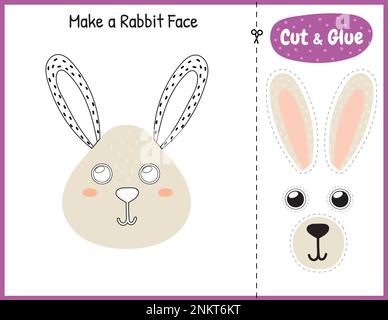 Mach ein Kaninchengesicht für Kinder lustig. Ausschneiden und Kleben der Schulungsseite Stock Vektor
