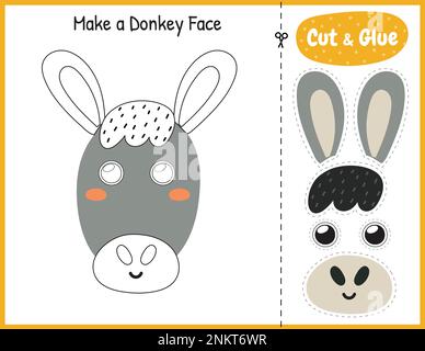 Mach ein Eselsgesicht lustiges Spiel für Kinder. Ausschneiden und Kleben der Schulungsseite Stock Vektor