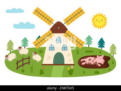 Landschaftsbau im Cartoon-Stil mit Windmühle, Schwein und Schaf. Sommergrüne Wiese Stock Vektor