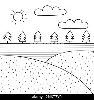 Schwarz-weiße Wiesenlandschaft im Cartoon-Stil. Sommerfeldgeschichte Stock Vektor