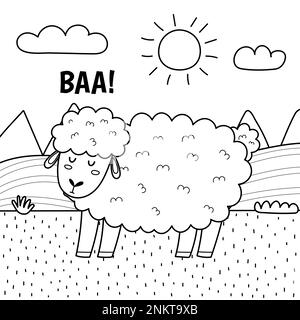 Ein Schaf sagt, baa-Aufdruck in Schwarz-Weiß. Malseite mit niedlicher Bauernfigur Stock Vektor