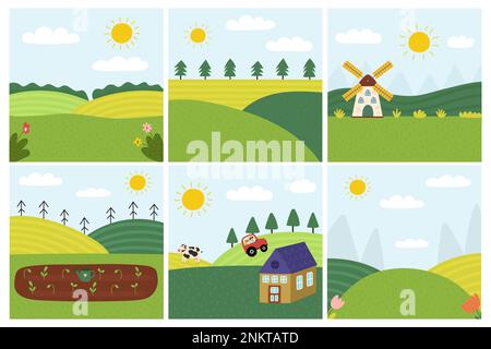 Grüne Landschaften im Cartoon-Stil. Sammlung im Hintergrund der Farm. Mit Sommermotiven Stock Vektor