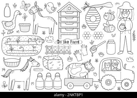 Schwarz-Weiß-Set mit niedlichen Bauernhoftieren. Landwirtschaftsfarbe Stock Vektor