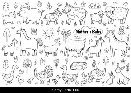 Schwarz-weiße Mutter und Baby Farm Tiere Set. Hübsche Malseite Stock Vektor
