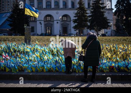 Ukrainische Flaggen zum Gedenken an diejenigen, die während des Krieges nahe dem Maidan-Platz in Zentral-Kiew, Ukraine, am 23. Februar 2023 getötet wurden. (CTK Photo/Vladimir PR Stockfoto