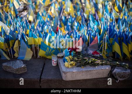 Ukrainische Flaggen zum Gedenken an diejenigen, die während des Krieges nahe dem Maidan-Platz in Zentral-Kiew, Ukraine, am 23. Februar 2023 getötet wurden. (CTK Photo/Vladimir PR Stockfoto