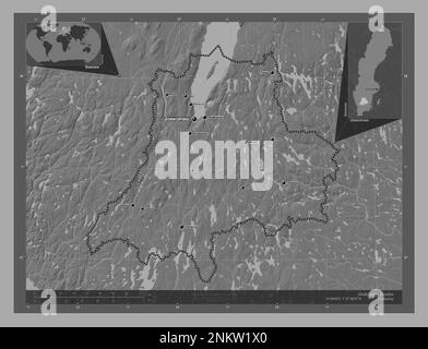 Jonkoping, schwedischer Bezirk. Bilevel-Höhenkarte mit Seen und Flüssen. Standorte und Namen der wichtigsten Städte der Region. Lage der Zusatzgeräte an der Ecke Stockfoto