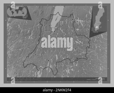 Jonkoping, schwedischer Bezirk. Grauskala-Höhenkarte mit Seen und Flüssen. Standorte und Namen der wichtigsten Städte der Region. Zusätzliche Eckpunkte Stockfoto