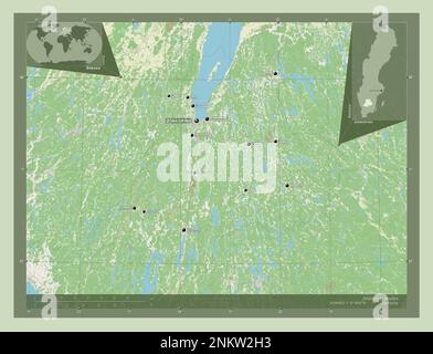 Jonkoping, schwedischer Bezirk. Straßenkarte Öffnen. Standorte und Namen der wichtigsten Städte der Region. Eckkarten für zusätzliche Standorte Stockfoto
