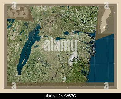 Ostergotland, Bezirk Schweden. Hochauflösende Satellitenkarte. Standorte der wichtigsten Städte der Region. Eckkarten für zusätzliche Standorte Stockfoto