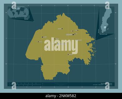 Ostergotland, Bezirk Schweden. Durchgehende Farbform. Standorte und Namen der wichtigsten Städte der Region. Eckkarten für zusätzliche Standorte Stockfoto