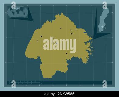 Ostergotland, Bezirk Schweden. Durchgehende Farbform. Standorte der wichtigsten Städte der Region. Eckkarten für zusätzliche Standorte Stockfoto