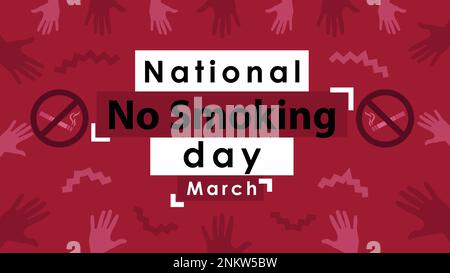 Landesweites No-Smoking-Tagesbanner-Design mit rotem Farbschema, Symbolmuster der Hände, Rauchverbotssymbole und Schwarz-Weiß-Schriftzug. Stock Vektor