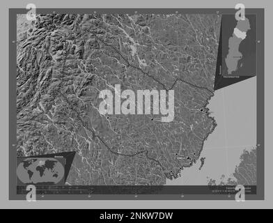 Vasterbotten, schwedischer Bezirk. Bilevel-Höhenkarte mit Seen und Flüssen. Standorte und Namen der wichtigsten Städte der Region. Ecke Zusatzposition Stockfoto