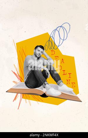 Poster Magazin Banner Collage von Studenten Sit Papier Buch Vorbereitung der Prüfung bis zum Abgabetermin auf Zeichnen Hintergrund Stockfoto