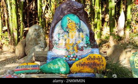 Gemälde des tibetischen Gottes im Kloster Norbulingka, Dharamshala, Himachal Pradesh, Indien Stockfoto