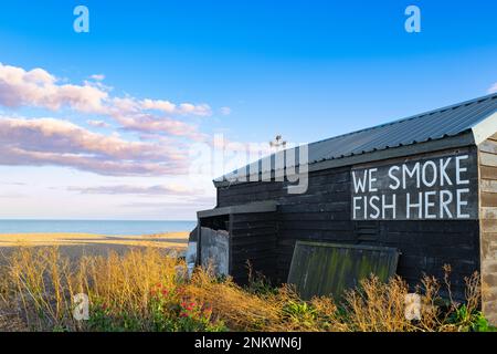 Der alte kipper, der im Spätsommer an der Küste von Suffolk geraucht hat. Stockfoto