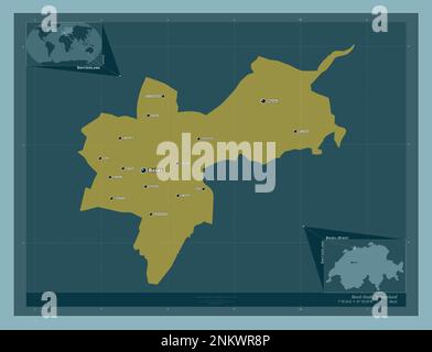 Basel-Stadt, Kanton der Schweiz. Durchgehende Farbform. Standorte und Namen der wichtigsten Städte der Region. Eckkarten für zusätzliche Standorte Stockfoto