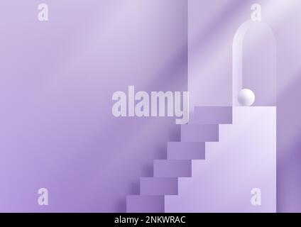 3D realistische, lilafarbene Treppen im Studiozimmer bringen Geschäftserfolg mit minimaler Wandszene und Beleuchtung. Produktausstellung für Beauty c Stock Vektor