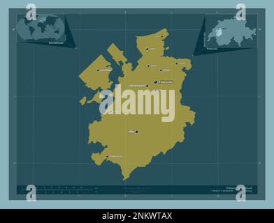 Freiburg, Kanton der Schweiz. Durchgehende Farbform. Standorte und Namen der wichtigsten Städte der Region. Eckkarten für zusätzliche Standorte Stockfoto