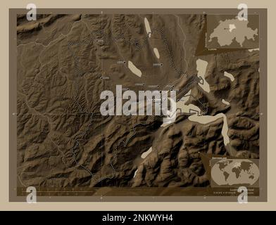 Luzern, Kanton der Schweiz. Höhenplan in Sepia-Tönen mit Seen und Flüssen. Standorte und Namen der wichtigsten Städte der Region. Ecke A Stockfoto