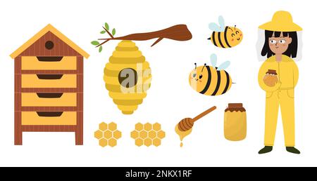 Bienen- und Honigelemente-Set. Imkerin hält ein Glas mit Honig, Bienenstock und anderen Bauernhöfen Stock Vektor