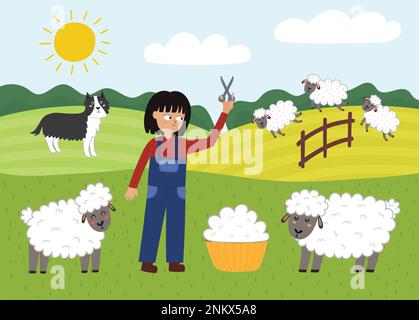 Auf dem Bauernposter mit niedlichen Tieren. Ein Mädchen schert Schafe und macht Wolle auf einer grünen Wiese Stock Vektor