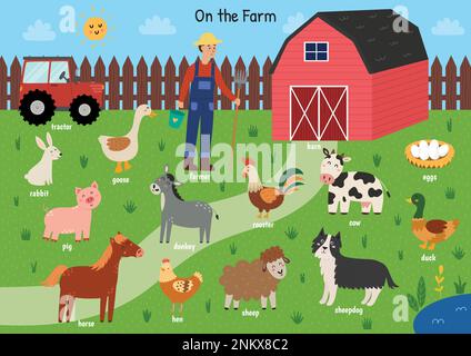 Auf dem Bauernposter mit niedlichen Tieren im Cartoon-Stil. Bildungshintergrund Stock Vektor