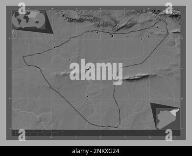 Al-Hasakah, Provinz Syrien. Bilevel-Höhenkarte mit Seen und Flüssen. Standorte der wichtigsten Städte der Region. Eckkarten für zusätzliche Standorte Stockfoto