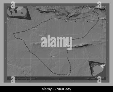 Al-Hasakah, Provinz Syrien. Bilevel-Höhenkarte mit Seen und Flüssen. Standorte und Namen der wichtigsten Städte der Region. Zusätzliche Eckpunkte Stockfoto