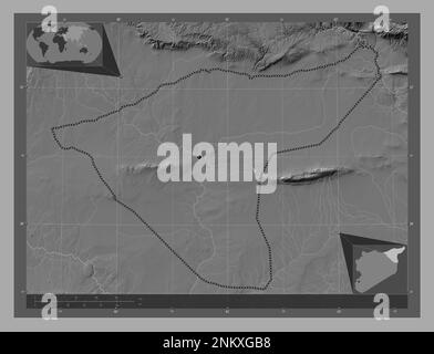 Al-Hasakah, Provinz Syrien. Bilevel-Höhenkarte mit Seen und Flüssen. Eckkarten für zusätzliche Standorte Stockfoto