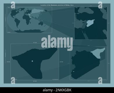 Al-Hasakah, Provinz Syrien. Diagramm, das die Position der Region auf Karten mit größerem Maßstab zeigt. Zusammensetzung von Vektorrahmen und PNG-Formen auf einem Volumenkörper Stockfoto