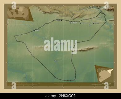 Al-Hasakah, Provinz Syrien. Farbige Höhenkarte mit Seen und Flüssen. Standorte und Namen der wichtigsten Städte der Region. Zusätzliche Eckpunkte Stockfoto