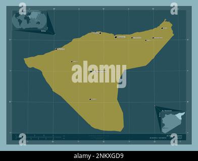 Al-Hasakah, Provinz Syrien. Durchgehende Farbform. Standorte und Namen der wichtigsten Städte der Region. Eckkarten für zusätzliche Standorte Stockfoto