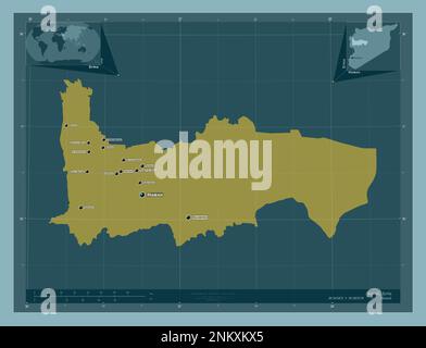 Hamah, Provinz Syrien. Durchgehende Farbform. Standorte und Namen der wichtigsten Städte der Region. Eckkarten für zusätzliche Standorte Stockfoto