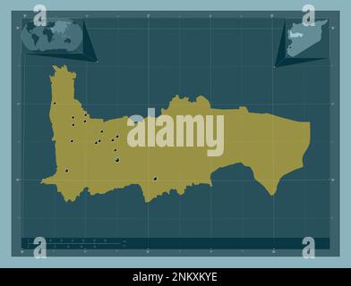 Hamah, Provinz Syrien. Durchgehende Farbform. Standorte der wichtigsten Städte der Region. Eckkarten für zusätzliche Standorte Stockfoto