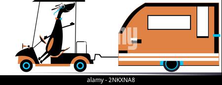 Komischer Hund, der ein Auto mit einem Campingwagen fährt. Cartoon-reisender Hund im Auto, der einen Wohnwagen zieht. Isoliert auf weißem Hintergrund Stock Vektor