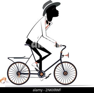 Ein junger afrikanischer Mann fährt Fahrrad. Ein lächelnder Afrikaner fährt Fahrrad. Isoliert auf weißem Hintergrund Stock Vektor
