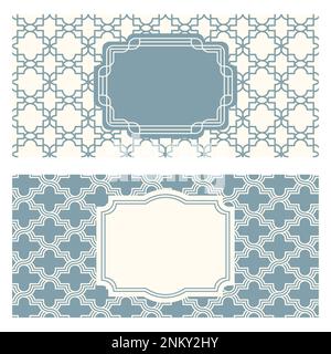 Zwei Bannervorlagen, gemusterter abstrakter geometrischer Hintergrund und gerahmte Beschriftung. Zweifarbiges Verpackungsdesign, Vektordarstellung. Schwarzweiß-Spalier t Stock Vektor