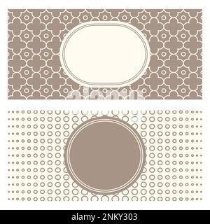 Zwei Bannervorlagen, gemusterter abstrakter geometrischer Hintergrund und gerahmte Beschriftung. Zweifarbiges Verpackungsdesign, Vektordarstellung. Schwarzweiß-Spalier t Stock Vektor