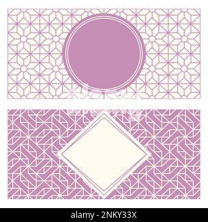 Zwei Bannervorlagen, gemusterter abstrakter geometrischer Hintergrund und gerahmte Beschriftung. Zweifarbiges Verpackungsdesign, Vektordarstellung. Schwarzweiß-Spalier t Stock Vektor