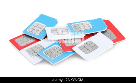 Stapel verschiedener SIM-Karten auf weißem Hintergrund Stockfoto