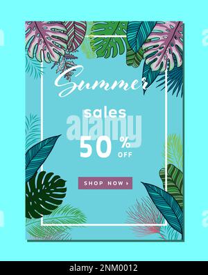 Set mit Bannern für Sommerangebote, Poster mit tropischen Blättern, trendiges Design für Sommerangebote, Vektordarstellung. Hintergrundlayout für Werbebanner für Sommerangebote, Wa Stock Vektor