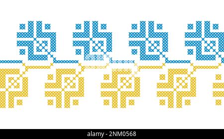 Ukrainisches Vektor nahtlose Verzierung, Rand, Muster. Traditionelles Volk, ethnische Ornamente. Dekoration in gelben und blauen Farben der ukrainischen Flagge. Pixelbild Stock Vektor