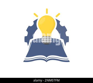 Eine Glühbirne auf einem Buch, inspiriert vom Logodesign eines Buches. Glühlampe „Gear Idea“. Konzept für Geschäfts- und Bildungskonzepte. Bildung, Wissen. Stock Vektor