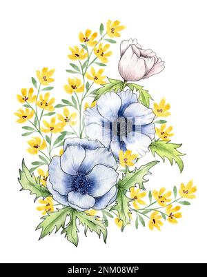 Aquarell Bouquet mit Blumen Anemonen und gelben Wildblumen. Blaue sanfte Anemonen. Anordnung der Blumen. Design für Postkarten und Hochzeiten Stockfoto